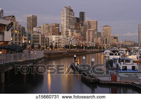 Seattle, WA, Washington, Puget Sound, Elliot Bay, Bell Street, Harbor, Marina, evening View Large Photo Image Stock Image - Seattle, WA, Washington, Puget Sound, Elliot Bay, Bell Street, Harbor, Marina, evening. Fotosearch
