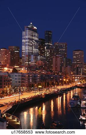 Stock Image -  Seattle, WA, Washington, Puget Sound, Elliot Bay, Bell Street, Harbor, Marina, evening. Fotosearch