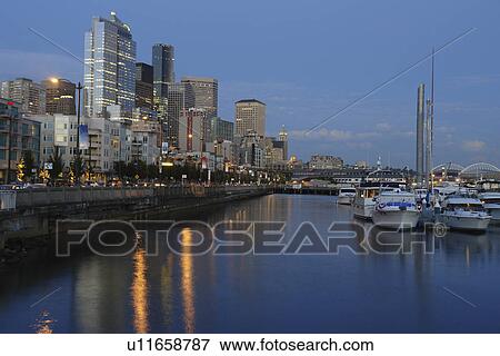Seattle, WA, Washington, Puget Sound, Elliot Bay, Bell Street, Harbor, Marina, evening View Large Photo Image Stock Photo - Seattle, WA, Washington, Puget Sound, Elliot Bay, Bell Street, Harbor, Marina, evening. Fotosearch