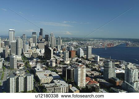 Stock Photo -  Seattle, WA, Washington, Puget Sound, downtown, skyline, aerial from Space Needle. Fotosearch