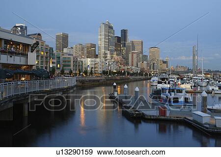 Seattle, WA, Washington, Puget Sound, Elliot Bay, Bell Street, Harbor, Marina, evening View Large Photo Image Stock Photo - Seattle, WA, Washington, Puget Sound, Elliot Bay, Bell Street, Harbor, Marina, evening. Fotosearch