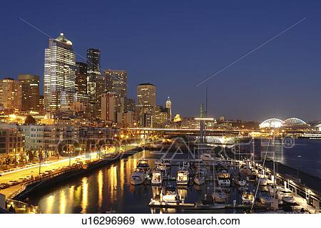 Seattle, WA, Washington, Puget Sound, Elliot Bay, Bell Street, Harbor, Marina, evening View Large Photo Image Stock Photo - Seattle, WA, Washington, Puget Sound, Elliot Bay, Bell Street, Harbor, Marina, evening. Fotosearch