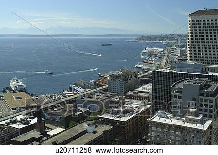 Stock Photo -  Seattle, WA, Washington, Puget Sound, downtown, skyline, aerial from Smith Tower. Fotosearch