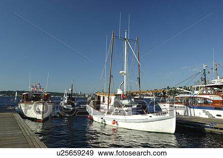 Stock Photo -  Seattle, WA, Washington, Puget Sound, South Lake Union Historic Ships Wharf, annual festival of wooden boats. Fotosearch