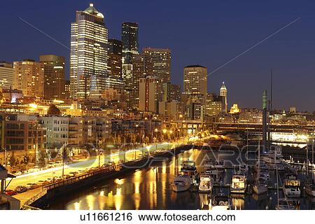 Seattle, WA, Washington, Puget Sound, Elliot Bay, Bell Street, Harbor, Marina, evening View Large Photo Image Stock Photograph - Seattle, WA, Washington, Puget Sound, Elliot Bay, Bell Street, Harbor, Marina, evening. Fotosearch