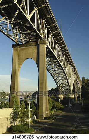Stock Photograph -  Seattle, WA, Washington, Puget Sound, Lake Union, Washington Memorial Bridge, Aurora Bridge, Cantilever. Fotosearch
