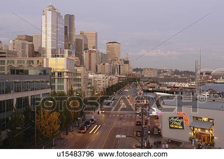Stock Photograph -  Seattle, WA, Washington, Puget Sound, Elliot Bay, Bell Street, Harbor, evening. Fotosearch