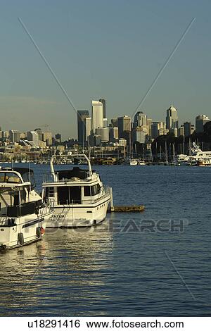 Stock Photograph -  Seattle, WA, Washington, Puget Sound, Lake Union, North Shore, boats. Fotosearch