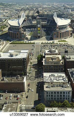 Stock Photo -  Seattle, WA, Washington, Qwest Field, Seahawks, football stadium, aerial from Smith Tower. Fotosearch