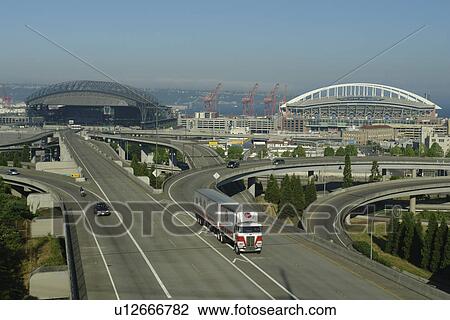 Stock Image -  Seattle, WA, Washington, Safeco Field, Mariners, baseball stadium, Qwest Field, Seahawks, football stadium, I-90. Fotosearch