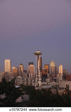 Seattle, WA, Washington, Seattle Downtown Skyline, Space Needle, from Kerry Park, evening View Large Photo Image Picture - Seattle, WA, Washington, Seattle Downtown Skyline, Space Needle, from Kerry Park, evening. Fotosearch
