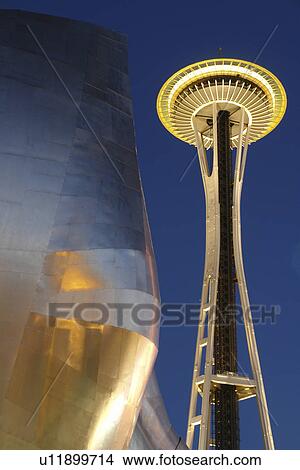 Seattle, WA, Washington, Seattle Center, Space Needle, Experiment Music Project, Frank O. Gehry designed building, evening View Large Photo Image Picture -  Seattle, WA, Washington, Seattle Center, Space Needle, Experiment Music Project, Frank O. Gehry designed building, evening. Fotosearch
