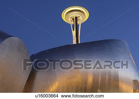 Seattle, WA, Washington, Seattle Center, Space Needle, Experiment Music Project, Frank O. Gehry designed building, evening View Large Photo Image Picture - Seattle, WA, Washington, Seattle Center, Space Needle, Experiment Music Project, Frank O. Gehry designed building, evening. Fotosearch