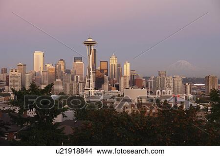 Picture -  Seattle, WA, Washington, Seattle Downtown Skyline, Space Needle, from Kerry Park, evening. Fotosearch