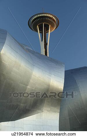 Picture -  Seattle, WA, Washington, Seattle Center, Space Needle, Experiment Music Project, Frank O. Gehry designed building. Fotosearch