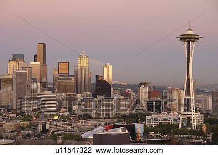 Stock Image -  Seattle, WA, Washington, Seattle Downtown Skyline, Space Needle, from Queen Anne Hill, evening. Fotosearch