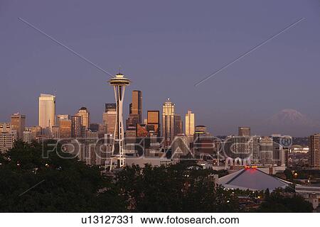 Seattle, WA, Washington, Seattle Downtown Skyline, Space Needle, from Kerry Park, evening View Large Photo Image Stock Image - Seattle, WA, Washington, Seattle Downtown Skyline, Space Needle, from Kerry Park, evening. Fotosearch