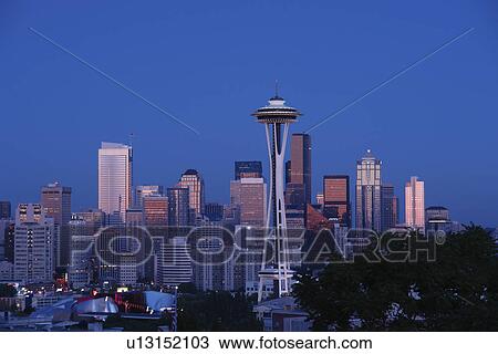 Seattle, WA, Washington, Seattle Downtown Skyline, Space Needle, from Kerry Park, evening View Large Photo Image Stock Image - Seattle, WA, Washington, Seattle Downtown Skyline, Space Needle, from Kerry Park, evening. Fotosearch