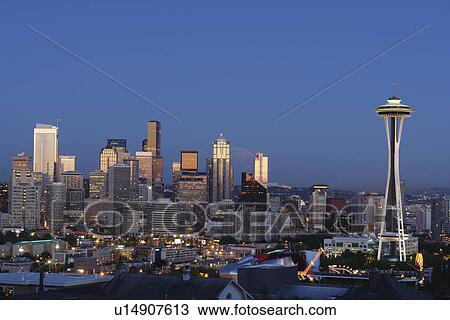 Seattle, WA, Washington, Seattle Downtown Skyline, Space Needle, from Kerry Park, evening View Large Photo Image Stock Image - Seattle, WA, Washington, Seattle Downtown Skyline, Space Needle, from Kerry Park, evening. Fotosearch