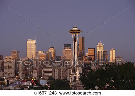 Seattle, WA, Washington, Seattle Downtown Skyline, Space Needle, from Kerry Park, evening View Large Photo Image Stock Image - Seattle, WA, Washington, Seattle Downtown Skyline, Space Needle, from Kerry Park, evening. Fotosearch