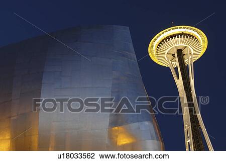Seattle, WA, Washington, Seattle Center, Space Needle, Experiment Music Project, Frank O. Gehry designed building, evening View Large Photo Image Stock Image - Seattle, WA, Washington, Seattle Center, Space Needle, Experiment Music Project, Frank O. Gehry designed building, evening. Fotosearch