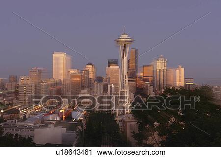 Stock Image -  Seattle, WA, Washington, Seattle Downtown Skyline, Space Needle, from Kerry Park, evening. Fotosearch
