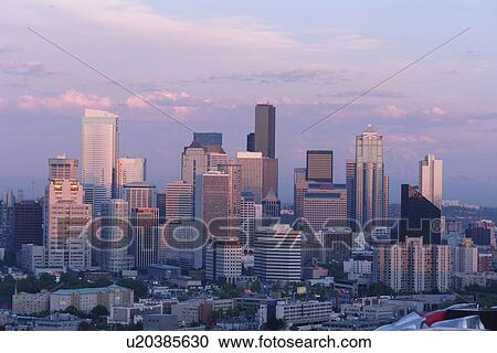 Stock Image -  Seattle, WA, Washington, Seattle Downtown Skyline, from Queen Anne Hill. Fotosearch