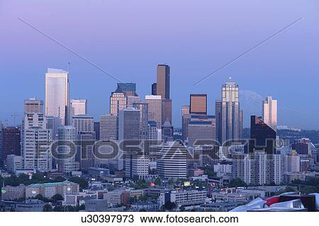 Seattle, WA, Washington, Seattle Downtown Skyline, from Queen Anne Hill, evening View Large Photo Image Stock Image - Seattle, WA, Washington, Seattle Downtown Skyline, from Queen Anne Hill, evening. Fotosearch