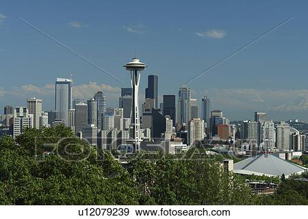 Seattle, WA, Washington, Seattle Downtown Skyline, Space Needle, from Kerry Park View Large Photo Image Stock Photo - Seattle, WA, Washington, Seattle Downtown Skyline, Space Needle, from Kerry Park. Fotosearch