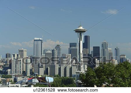 Seattle, WA, Washington, Seattle Downtown Skyline, Space Needle, from Kerry Park View Large Photo Image Stock Photo - Seattle, WA, Washington, Seattle Downtown Skyline, Space Needle, from Kerry Park. Fotosearch