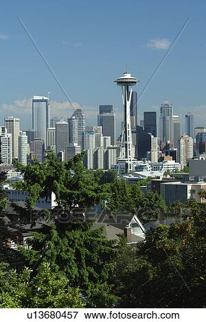 Seattle, WA, Washington, Seattle Downtown Skyline, Space Needle, from Kerry Park View Large Photo Image Stock Photo - Seattle, WA, Washington, Seattle Downtown Skyline, Space Needle, from Kerry Park. Fotosearch