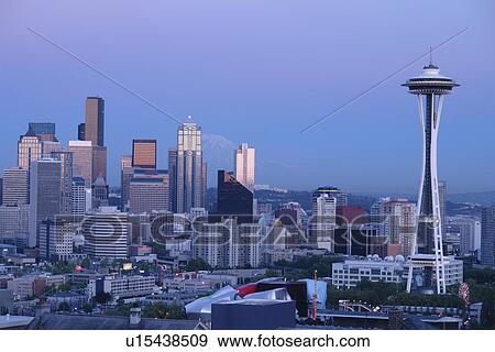 Seattle, WA, Washington, Seattle Downtown Skyline, Space Needle, from Queen Anne Hill, evening View Large Photo Image Stock Photo - Seattle, WA, Washington, Seattle Downtown Skyline, Space Needle, from Queen Anne Hill, evening. Fotosearch