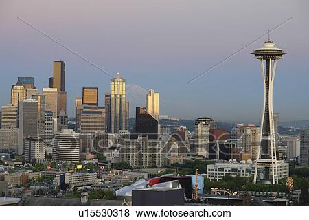 Seattle, WA, Washington, Seattle Downtown Skyline, Space Needle, from Queen Anne Hill, evening View Large Photo Image Stock Photo - Seattle, WA, Washington, Seattle Downtown Skyline, Space Needle, from Queen Anne Hill, evening. Fotosearch