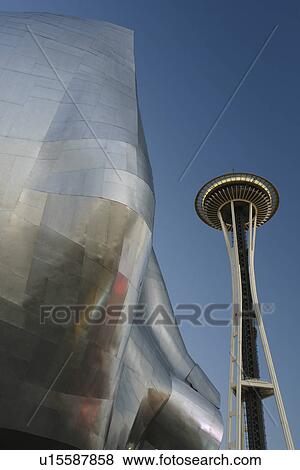 Seattle, WA, Washington, Seattle Center, Space Needle, Experiment Music Project, Frank O. Gehry designed building, evening View Large Photo Image Stock Photo - Seattle, WA, Washington, Seattle Center, Space Needle, Experiment Music Project, Frank O. Gehry designed building, evening. Fotosearch