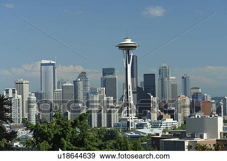 Seattle, WA, Washington, Seattle Downtown Skyline, Space Needle, from Kerry Park View Large Photo Image Stock Photo - Seattle, WA, Washington, Seattle Downtown Skyline, Space Needle, from Kerry Park. Fotosearch