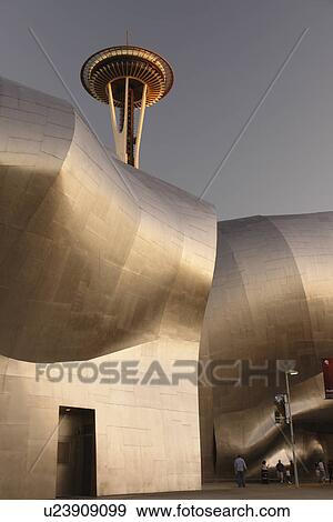 Stock Photo -  Seattle, WA, Washington, Seattle Center, Space Needle, Experiment Music Project, Frank O. Gehry designed building. Fotosearch