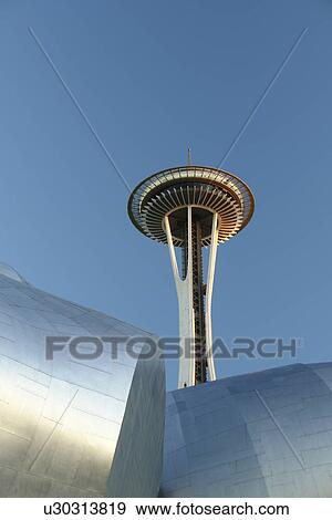Seattle, WA, Washington, Seattle Center, Space Needle, Experiment Music Project, Frank O. Gehry designed building View Large Photo Image Stock Photo - Seattle, WA, Washington, Seattle Center, Space Needle, Experiment Music Project, Frank O. Gehry designed building. Fotosearch