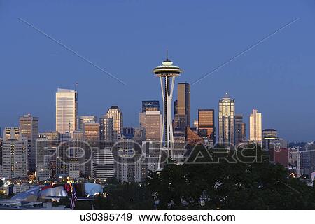 Seattle, WA, Washington, Seattle Downtown Skyline, Space Needle, from Kerry Park, evening View Large Photo Image Stock Photo - Seattle, WA, Washington, Seattle Downtown Skyline, Space Needle, from Kerry Park, evening. Fotosearch