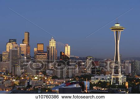 Stock Photograph -  Seattle, WA, Washington, Seattle Downtown Skyline, Space Needle, from Kerry Park, evening. Fotosearch