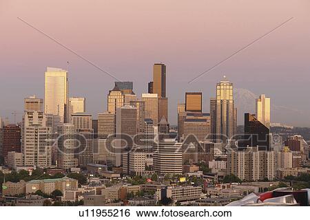 Stock Photograph -  Seattle, WA, Washington, Seattle Downtown Skyline, from Queen Anne Hill, evening. Fotosearch