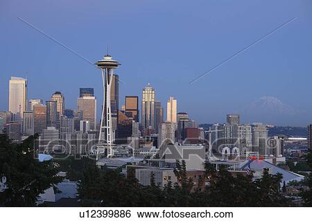 Seattle, WA, Washington, Seattle Downtown Skyline, Space Needle, from Kerry Park, evening View Large Photo Image Stock Photograph - Seattle, WA, Washington, Seattle Downtown Skyline, Space Needle, from Kerry Park, evening. Fotosearch
