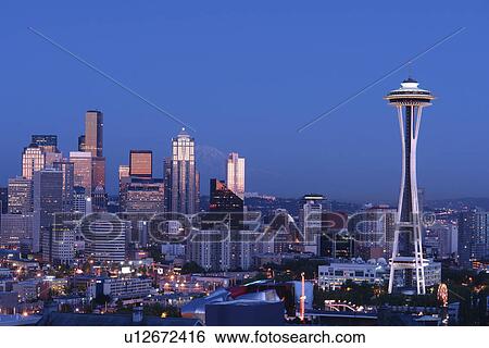 Seattle, WA, Washington, Seattle Downtown Skyline, Space Needle, from Kerry Park, evening View Large Photo Image Stock Photograph - Seattle, WA, Washington, Seattle Downtown Skyline, Space Needle, from Kerry Park, evening. Fotosearch