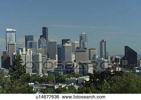 Stock Photograph -  Seattle, WA, Washington, Seattle Downtown Skyline, Space Needle, from Queen Anne Hill. Fotosearch
