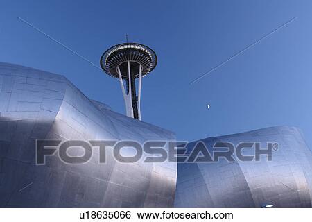 Seattle, WA, Washington, Seattle Center, Space Needle, Experiment Music Project, Frank O. Gehry designed building, evening View Large Photo Image Stock Photograph - Seattle, WA, Washington, Seattle Center, Space Needle, Experiment Music Project, Frank O. Gehry designed building, evening. Fotosearch