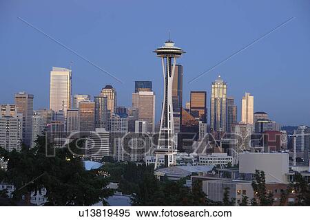 Stock Photography -  Seattle, WA, Washington, Seattle Downtown Skyline, Space Needle, from Kerry Park, evening. Fotosearch