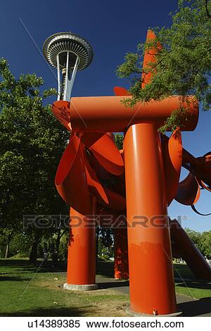 Stock Photography -  Seattle, WA, Washington, Seattle Center, Space Needle, red Calder Statue. Fotosearch