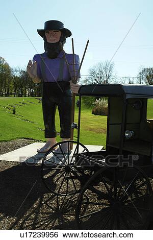 Stock Photograph -  Strasburg, PA, Pennsylvania, Pennsylvania Dutch Country, Amish farmer statue and buggy. Fotosearch