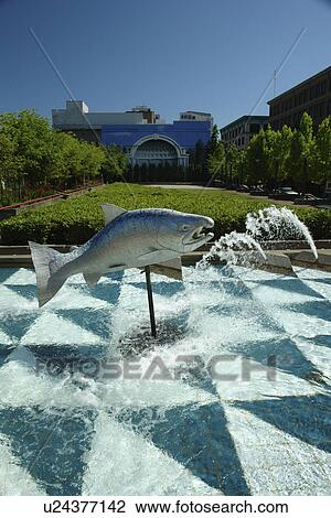 Stock Image -  Tacoma, WA, Washington, Historic Downtown, Broadway Center for the Performing Arts on the Square, fountain. Fotosearch