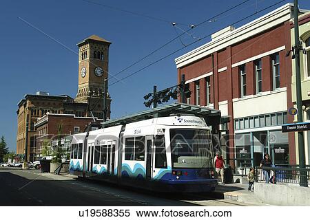 Stock Photography -  Tacoma, WA, Washington, Historic Downtown, Light Rail System on Broadway. Fotosearch