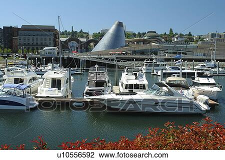 Stock Image -  Tacoma, WA, Washington, Puget Sound, Thea Foss Waterway, downtown, Museum of Glass, marina. Fotosearch